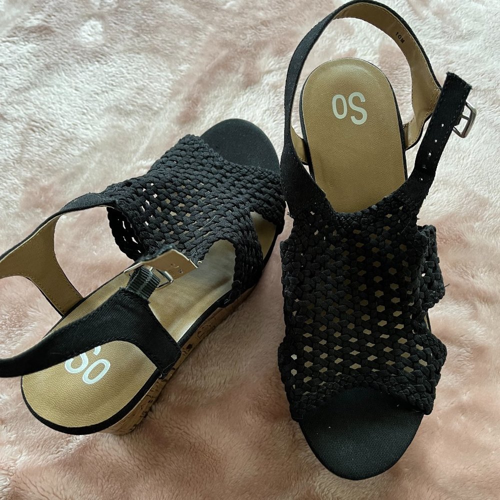 So black macrame wedge heeled shoes